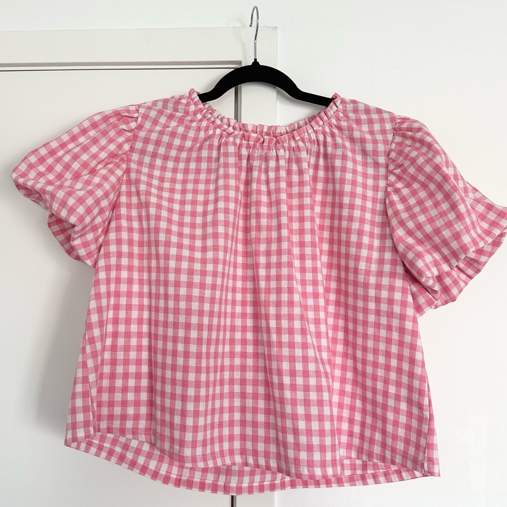 Lost + Wander Pink Gingham Puff Sleeve Blouse